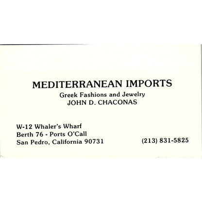 John D Chaconas Mediterranean Imports San Pedro CA Vintage Business Card SE5-B4