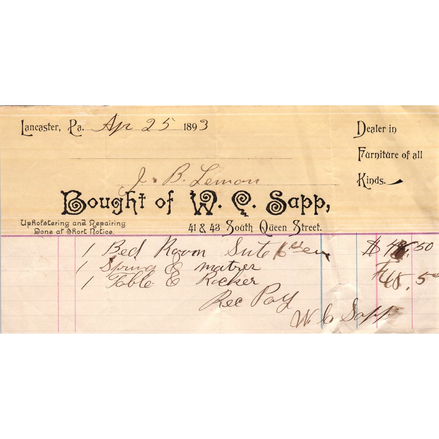 1893 W.C. Sapp Upholstering Lancaster PA J.B. Leman Billhead Letterhead D21