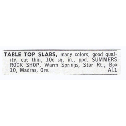 Table Top Slabs - Summers Rock Shop Madras Oregon 1964 Magazine Ad AK6-S8