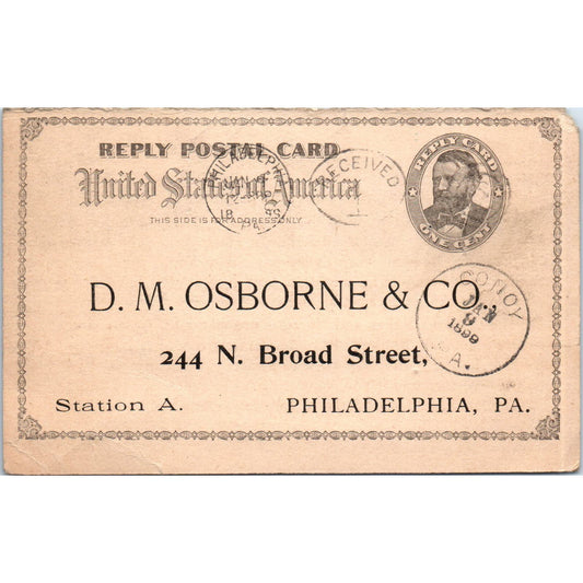 1899 D.M. Osborne & Co Philadelphia Payment Receipt Postal Card AE8