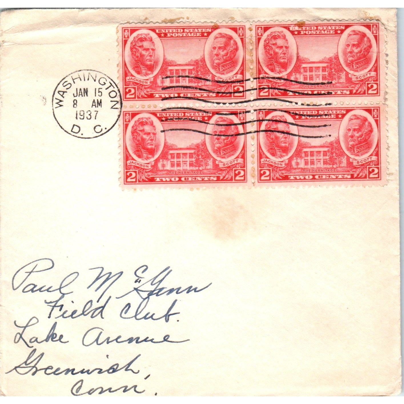 1937 Washington DC to Paul McGann Greenwich CT Postal Cover Envelope TG7-PC3