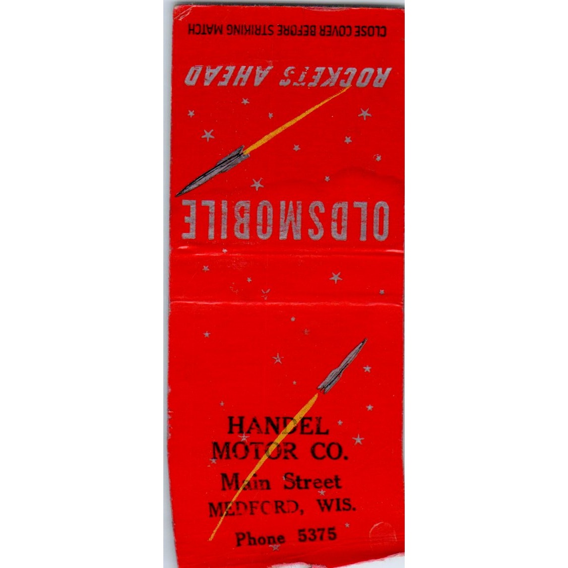 Handel Motor Co Oldsmobile Rocket Medford WI Vintage Matchbook Cover SD2-Y14