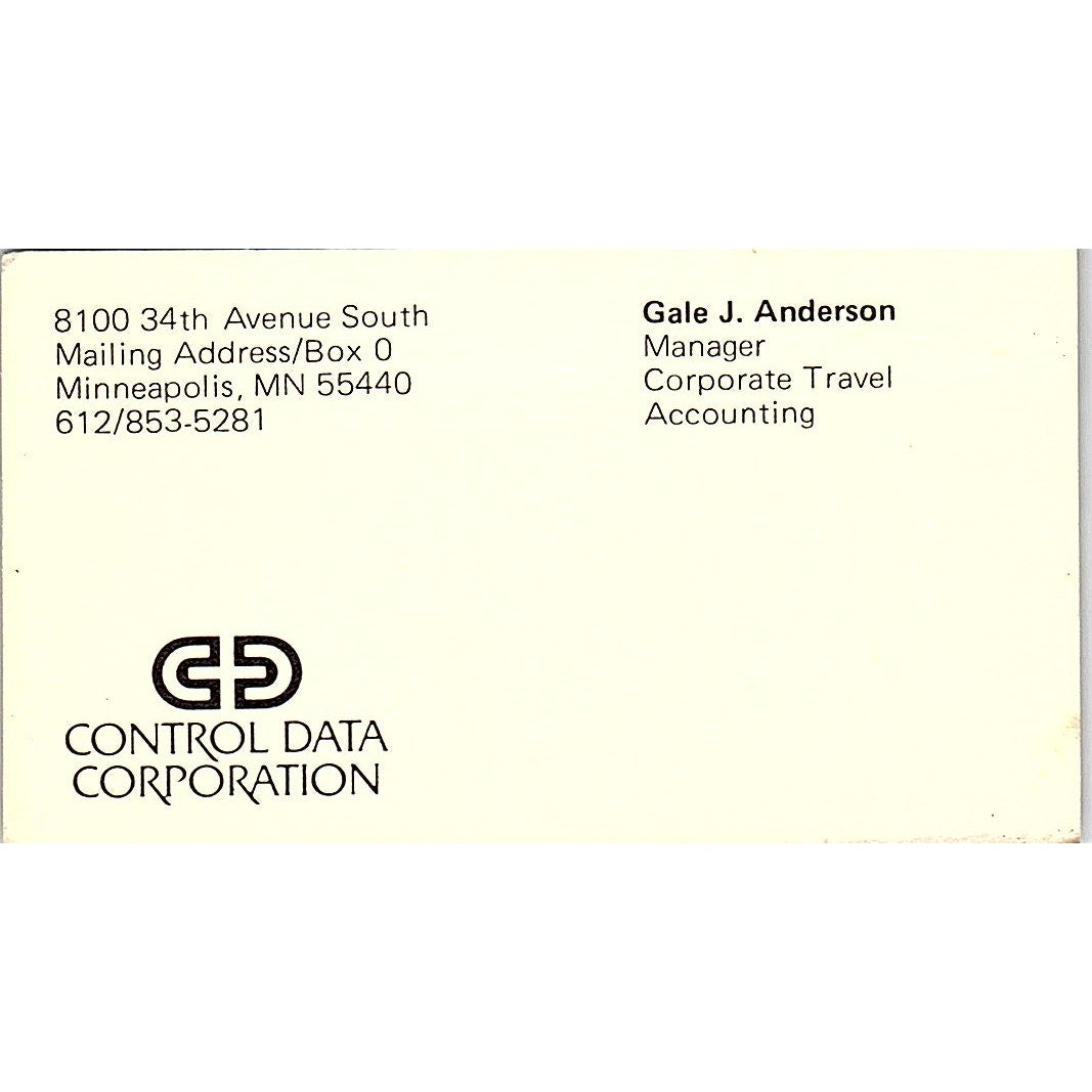 Gale J Anderson Control Data Corporation Minneapolis MN Vtg Business Card SD9-B2