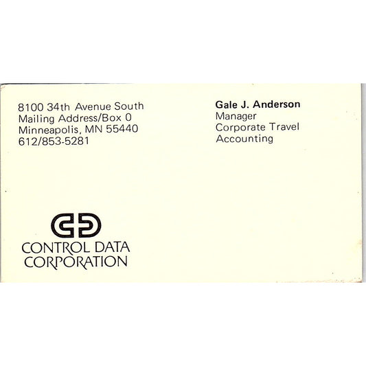 Gale J Anderson Control Data Corporation Minneapolis MN Vtg Business Card SD9-B2