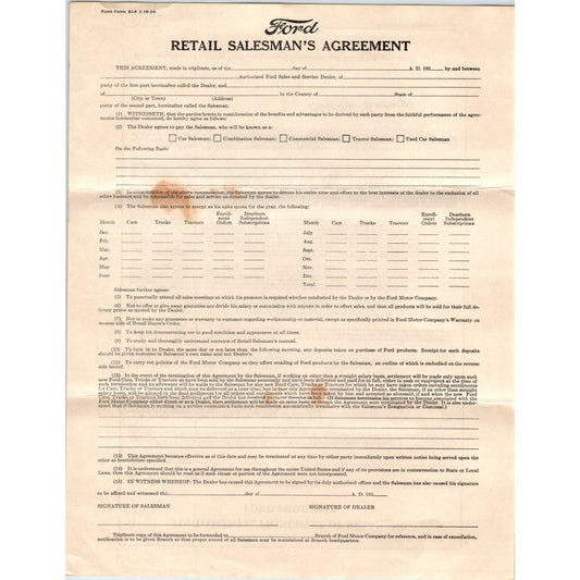 1920s Ford Motor Company Retail Salesman's Agreement Form Blank AD8-R7