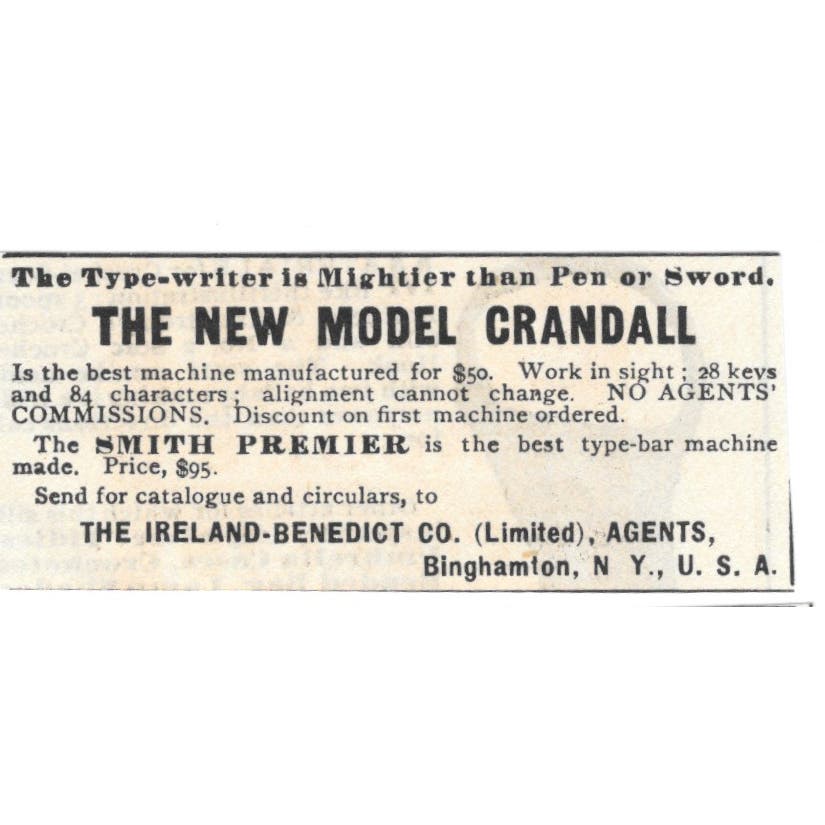 Crandall Typewriter Ireland-Benedict Co Binghamton c1890 Victorian Ad AE8-CH11