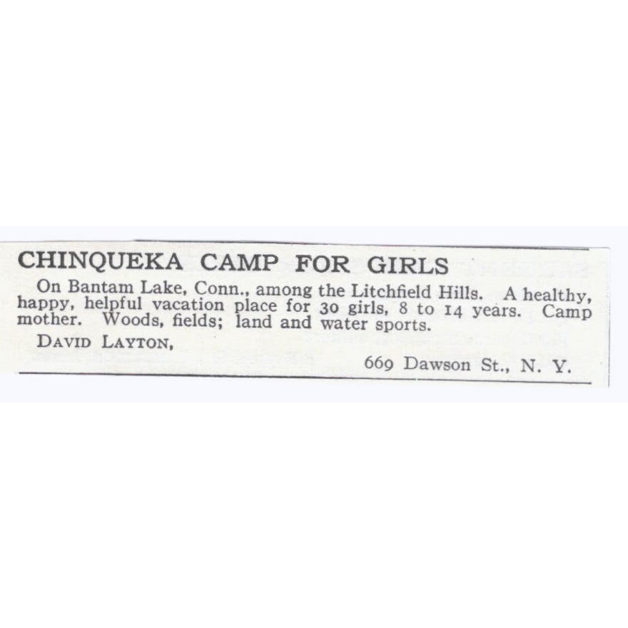 Chinqueka Girls Camp Bantam Lake CT David Layton c1918 Advertisement AE5-SA8