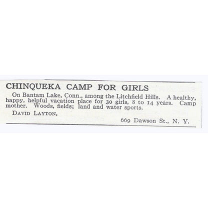 Chinqueka Girls Camp Bantam Lake CT David Layton c1918 Advertisement AE5-SA8