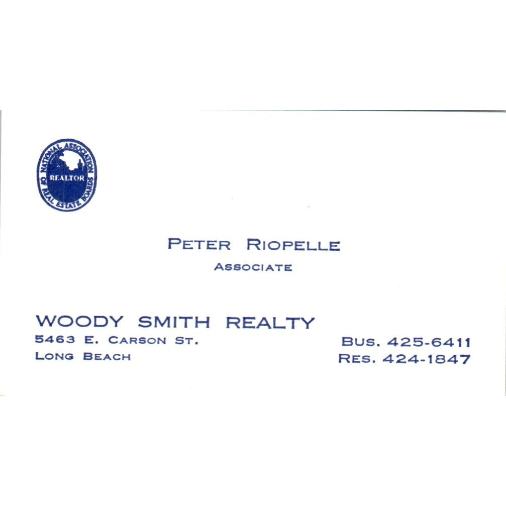 Peter Riopelle Woody Smith Realty Long Beach CA Vintage Business Card SD8-B1