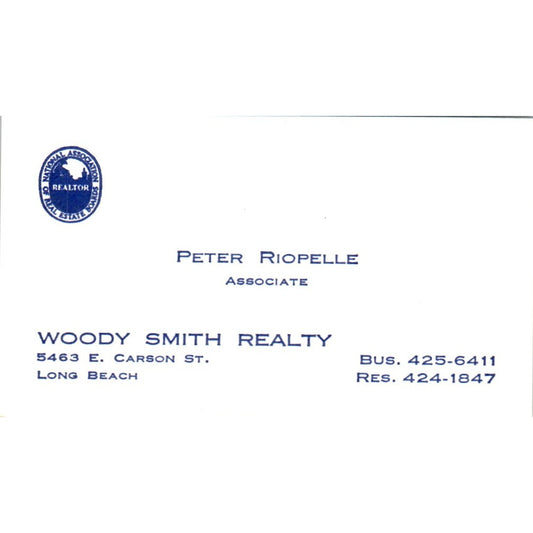 Peter Riopelle Woody Smith Realty Long Beach CA Vintage Business Card SD8-B1
