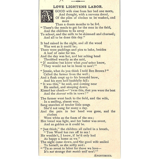 Love Lightens Labor - Anonymous 1884 Poem AG3-M4