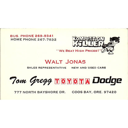Walt Jonas Tom Gregg Toyota Dodge Coos Bay OR Vintage Business Card SD9-B8
