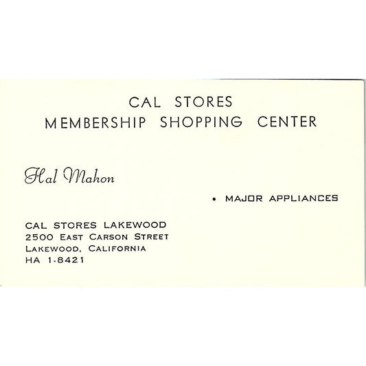 Cal Stores Membership Shopping Center Hal Mahon Lakewood CA Business Card SB4-B8