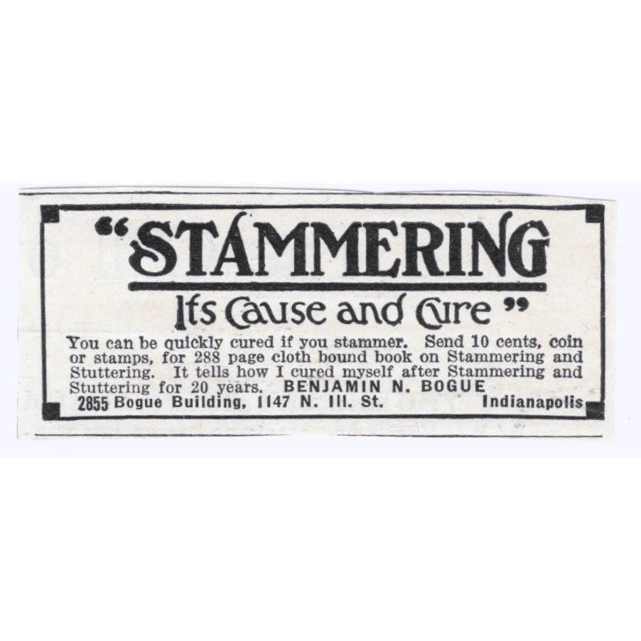Stammering Stuttering Benjamin N. Bogue Indianapolis c1918 Advertisement AE5-SA2