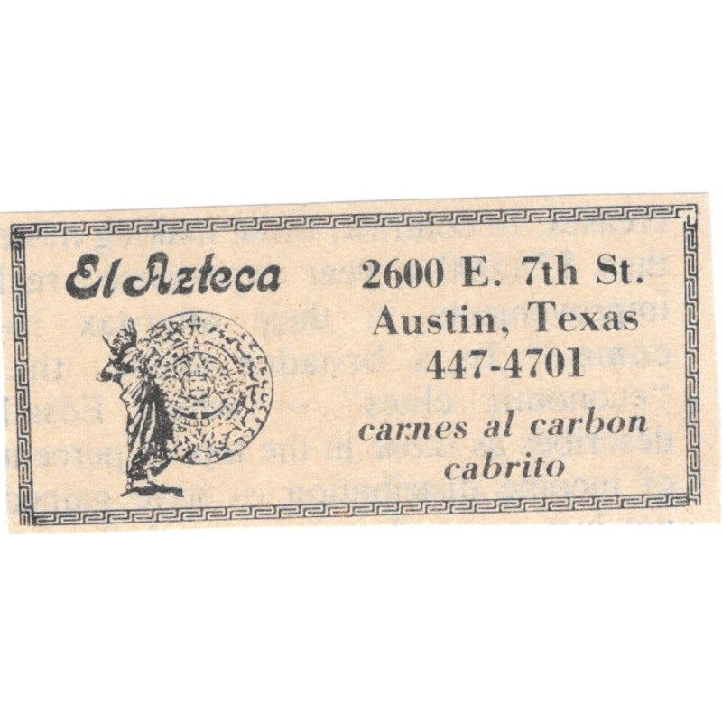 El Azteca Restaurant Carnes Al Carbon Cabrito Austin TX 1984 Ad AF6-M3