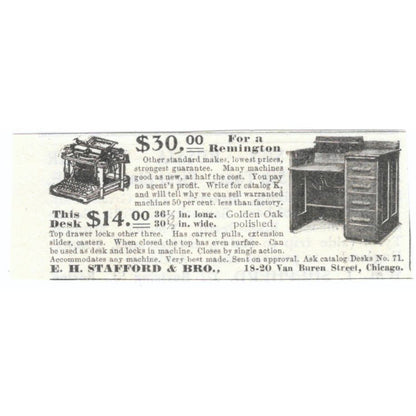 E.H. Stafford & Bro Remington Desk Chicago c1905 Original Advertisement AE7-SA1