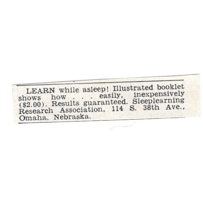 Learn While Asleep Sleeplearining Research Association, Omaha NE 1955 Ad AG1-S9
