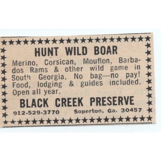 Hunt Wild Boar Black Creek Preserve Soperton GA 1977 Ad AF6-M4