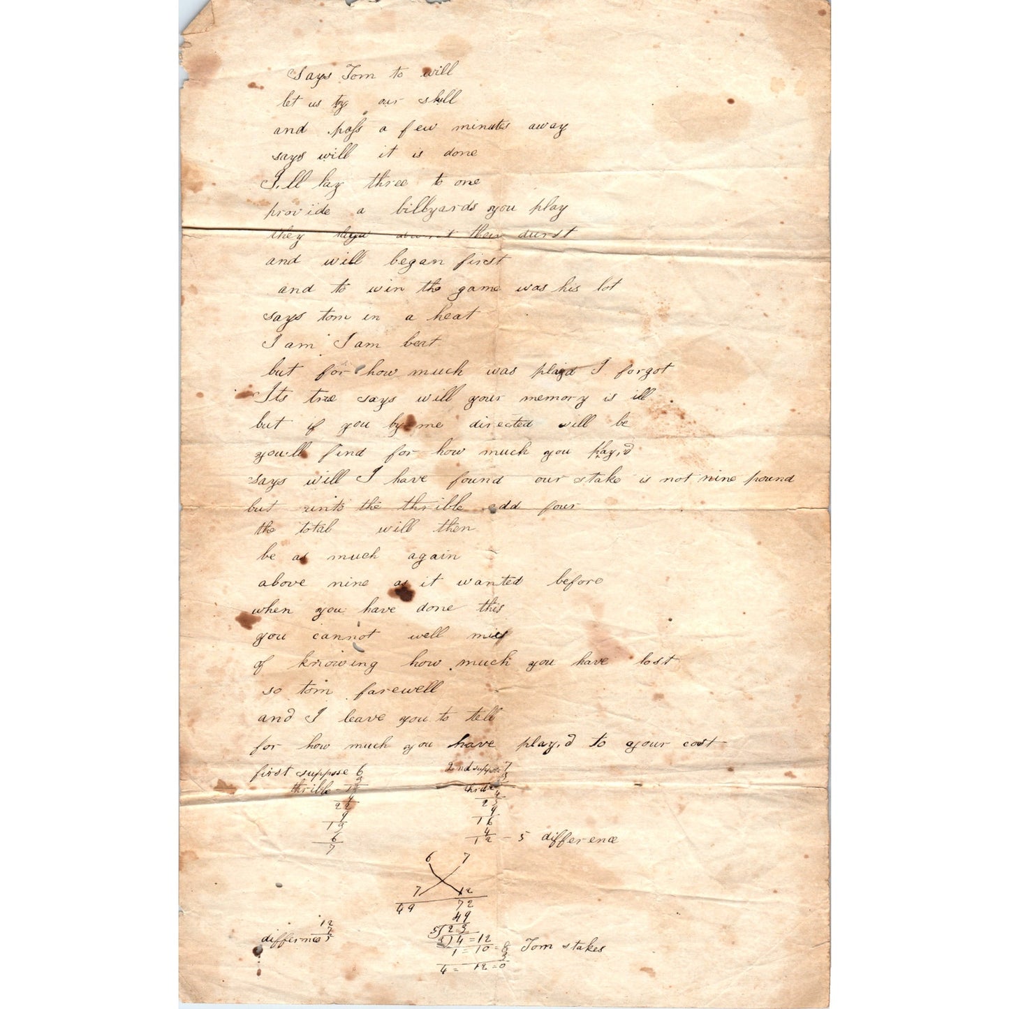 1870s Handwritten Poetry Poem "Says Tom to Will" D23