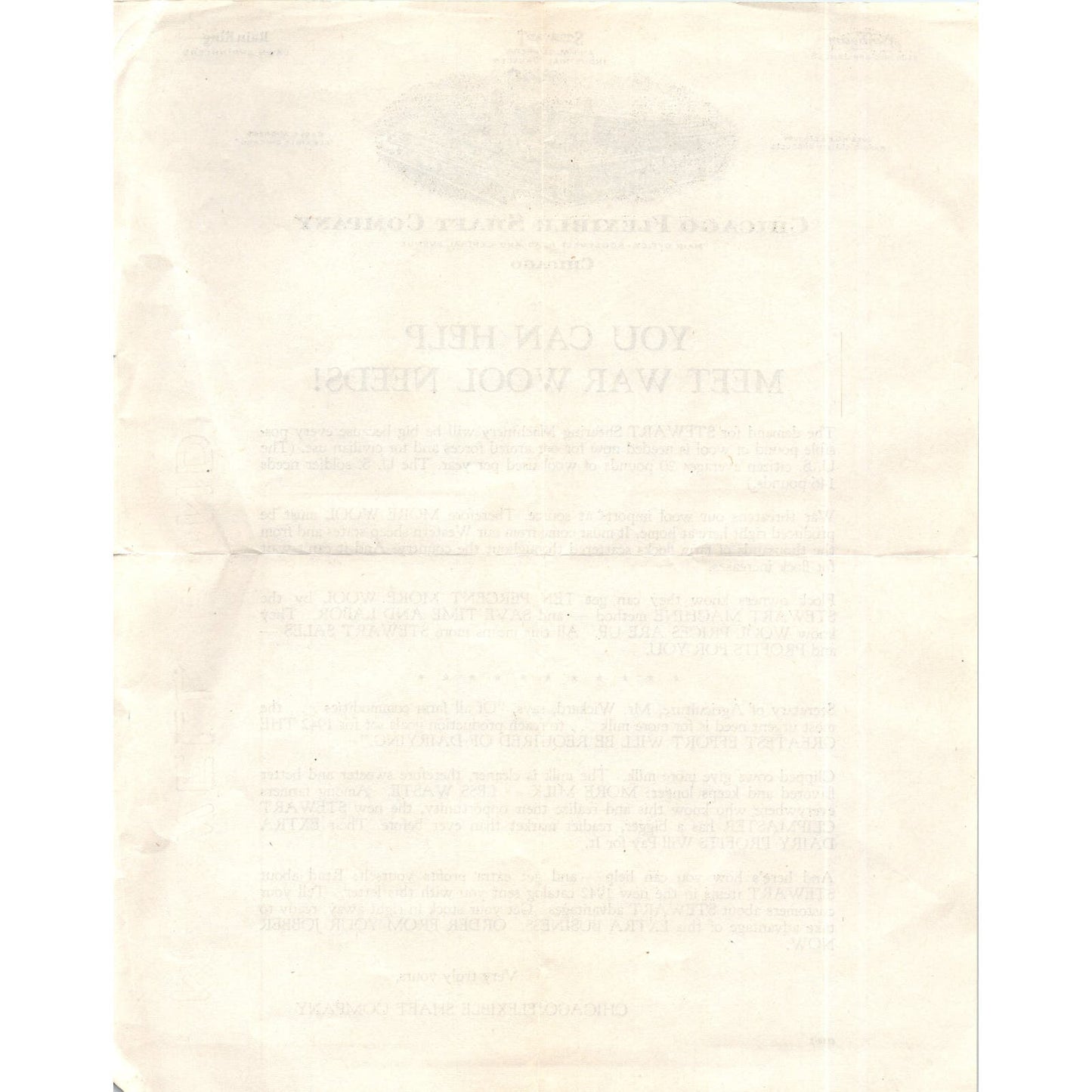 1940s WWII Chicago Flexible Shaft Company Letterhead War Wool Needs D10