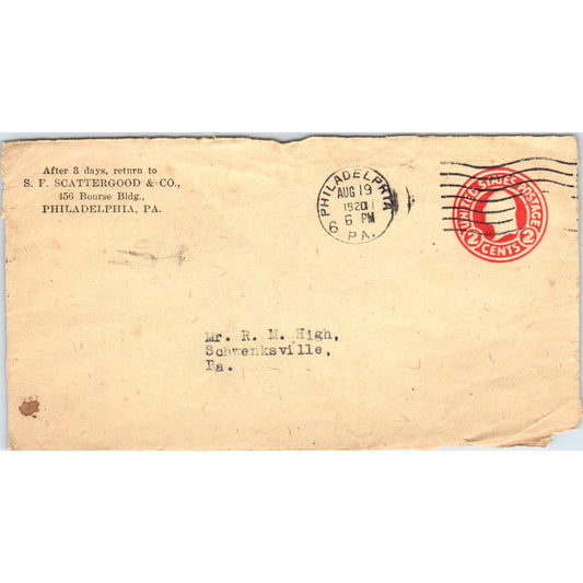 1924 Oscar R. Keiser Lansdale to Reuben High Schwenksville Envelope TG7-PC2