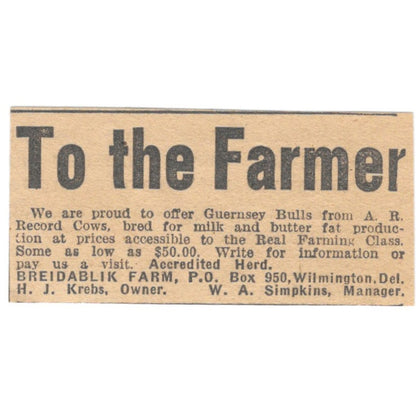 Breidablik Farm H.J. Krebs W.A, Simpkins Wilmington DE 1922 Magazine Ad AF2-T7