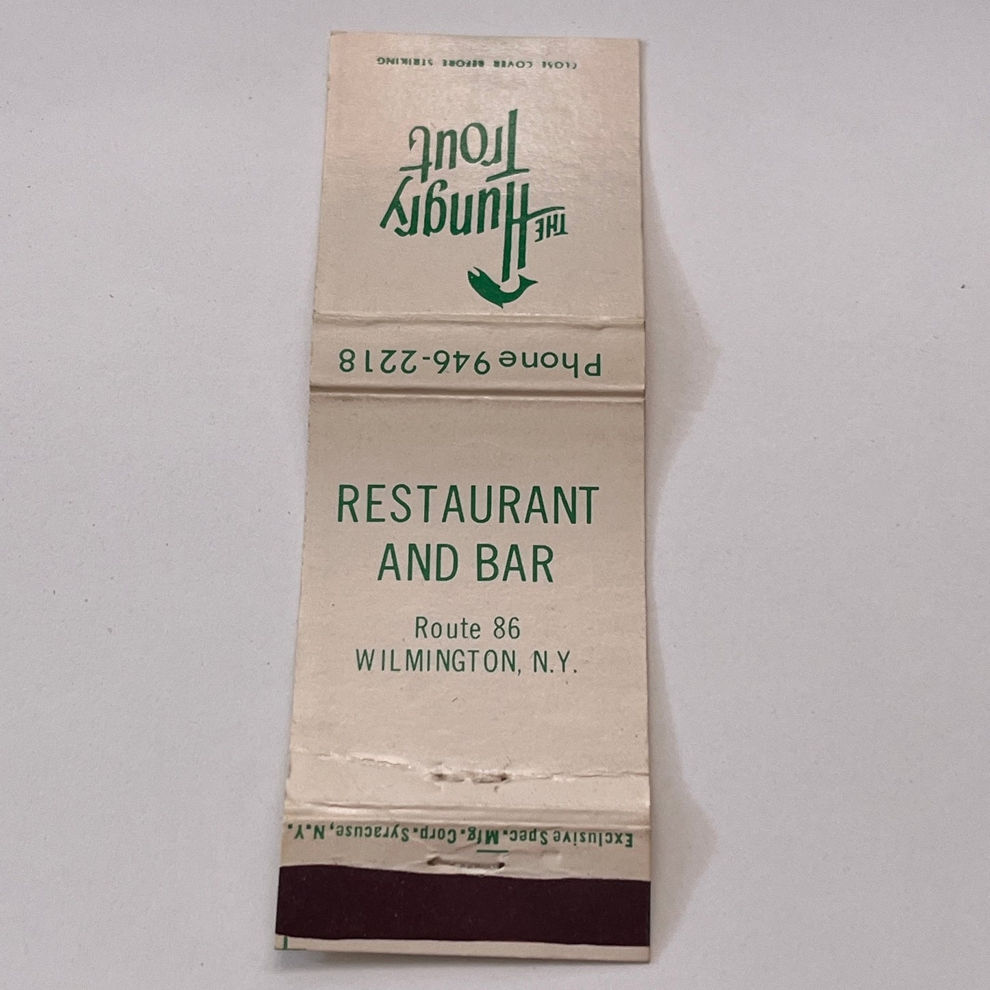 The Hungry Trout Restaurant and Bar Wilmington NY Matchbook Cover TB6-MB1-10
