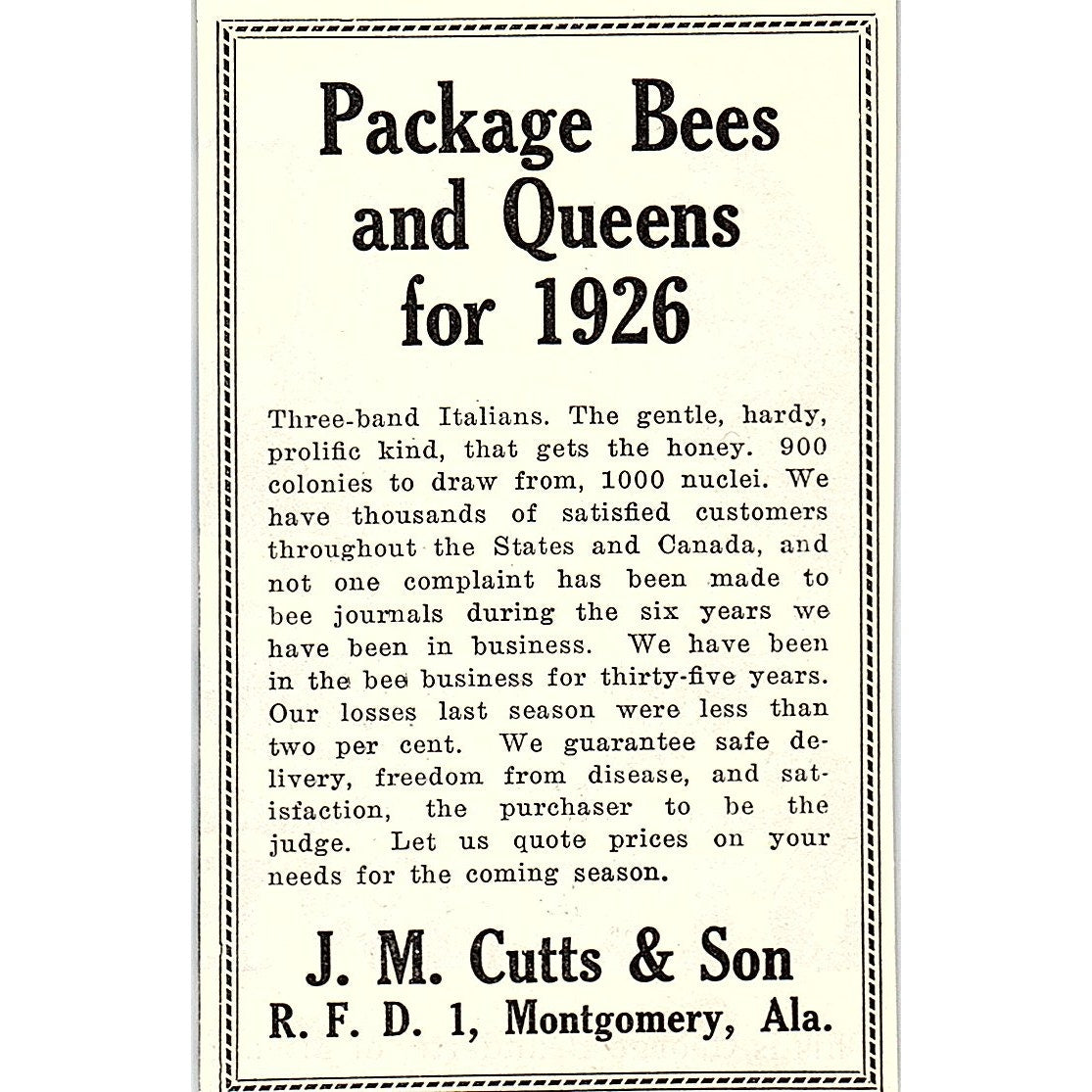 J.M. Cutts & Son Package Bees and Queens Montgomery Alabama 1926 Ad AG3-M8