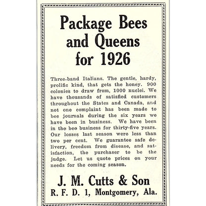 J.M. Cutts & Son Package Bees and Queens Montgomery Alabama 1926 Ad AG3-M8