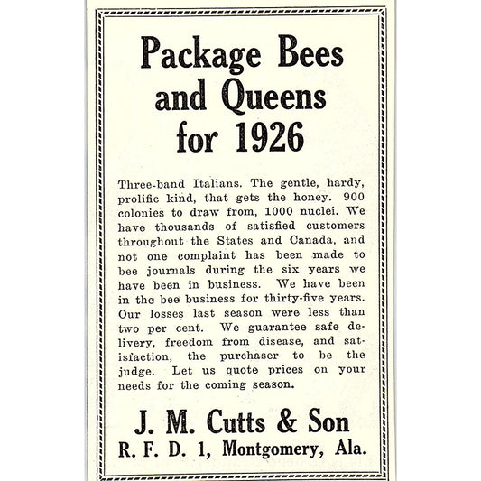J.M. Cutts & Son Package Bees and Queens Montgomery Alabama 1926 Ad AG3-M8