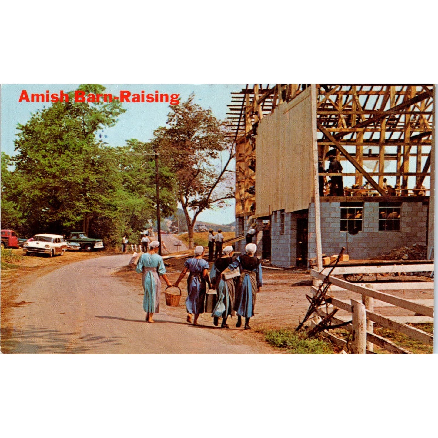Amish Barn Raising Refreshment Break Pennsylvania Dutch Country Postcard PD8