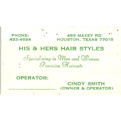 His & Hers Styles Salon Cindy Smith Houston TX Vintage Business Card SD8-B11