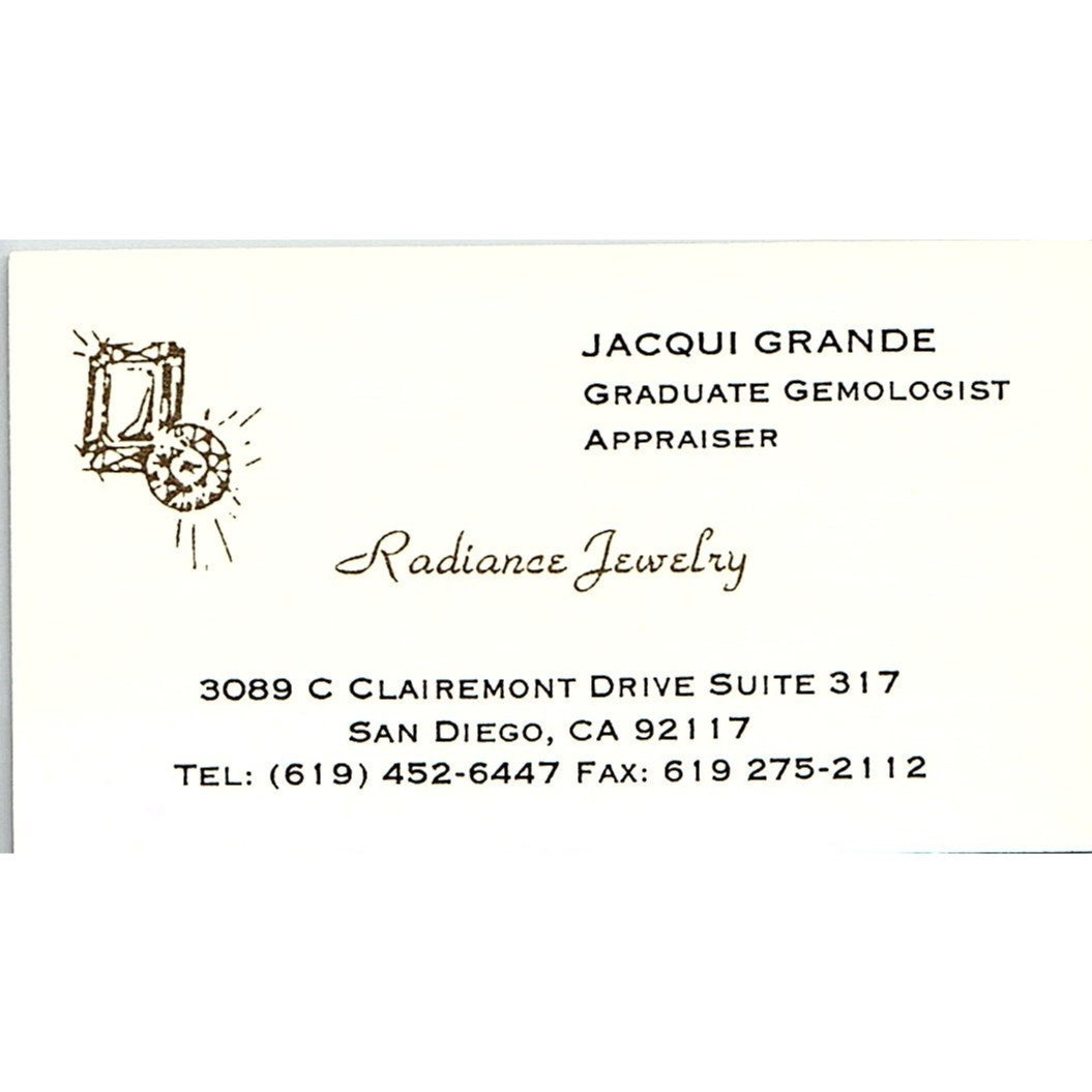 Jacqui Grande Gemologist Radiance Jewelry San Diego Vtg Business Card SD9-B14