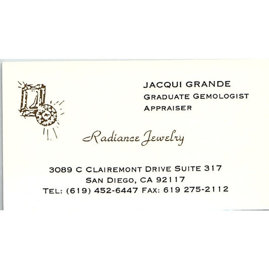 Jacqui Grande Gemologist Radiance Jewelry San Diego Vtg Business Card SD9-B14