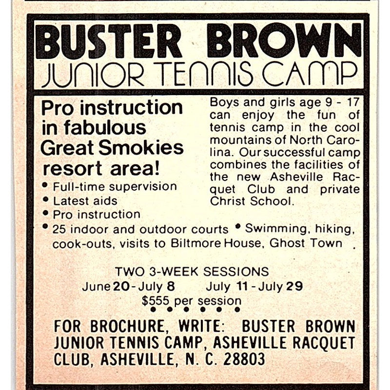Buster Brown Junior Tennis Camp Asheville NC 1977 Ad AF3-Q3