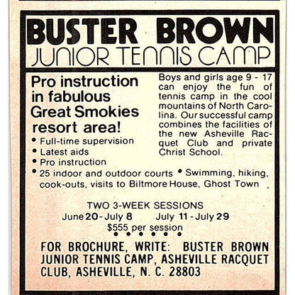 Buster Brown Junior Tennis Camp Asheville NC 1977 Ad AF3-Q3