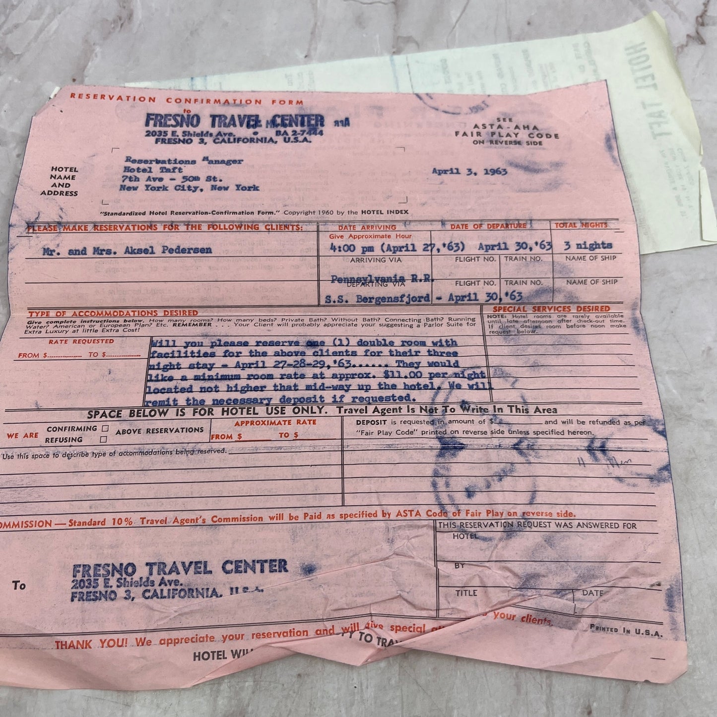 1963 Hotel Taft Reservation From Fresno Travel Center CA ML1-7