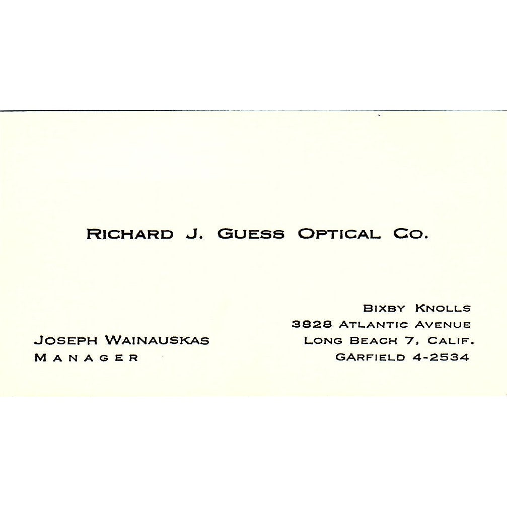 Richard J. Guess Optical Co Joseph Wainauskas Long Beach CA Business Card SB4-B3
