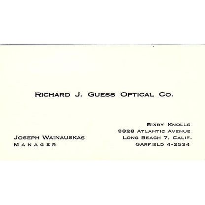 Richard J. Guess Optical Co Joseph Wainauskas Long Beach CA Business Card SB4-B3
