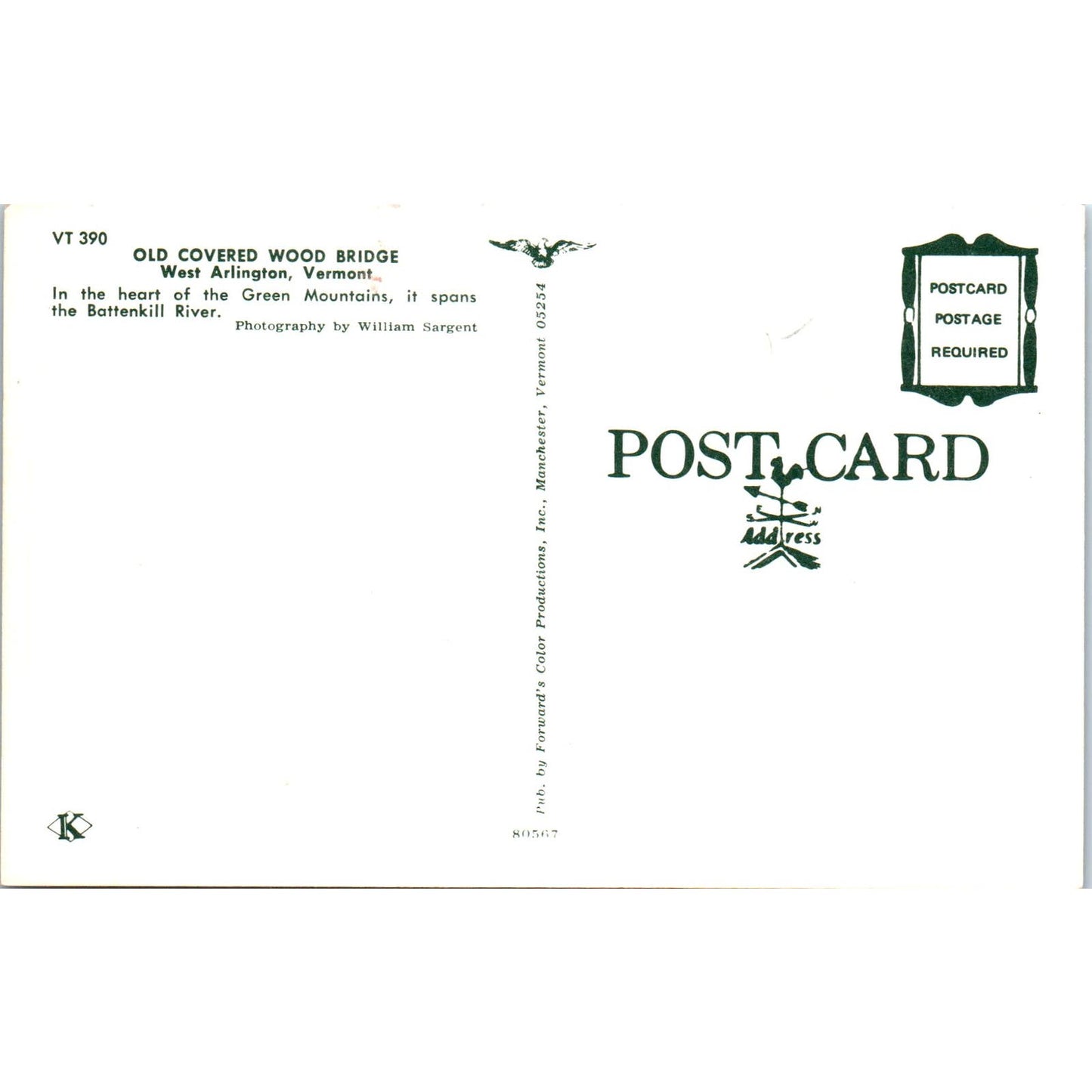 Old Covered Wood Bridge West Arlington VT Vintage Covered Bridge Postcard PD3