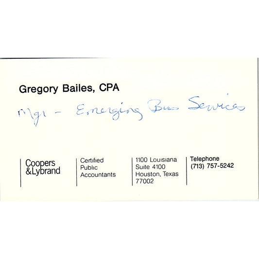 Gregory Bailes Coopers & Lybrand CPA Houston Vintage Business Card SD9-B1