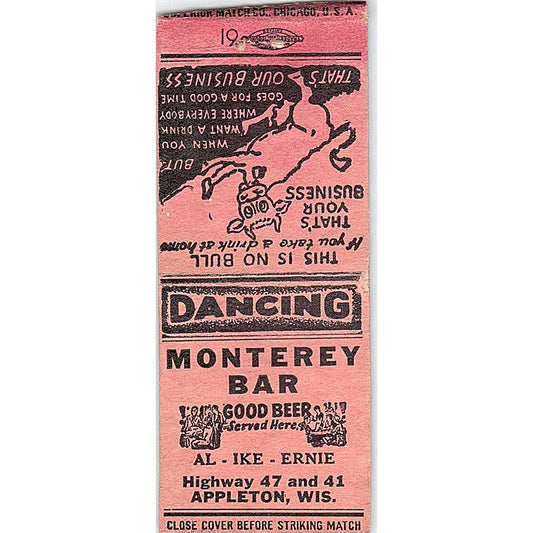 Monterey Bar Al-Ike-Ernie Appleton WI Vintage Matchbook Cover SC7-Y9