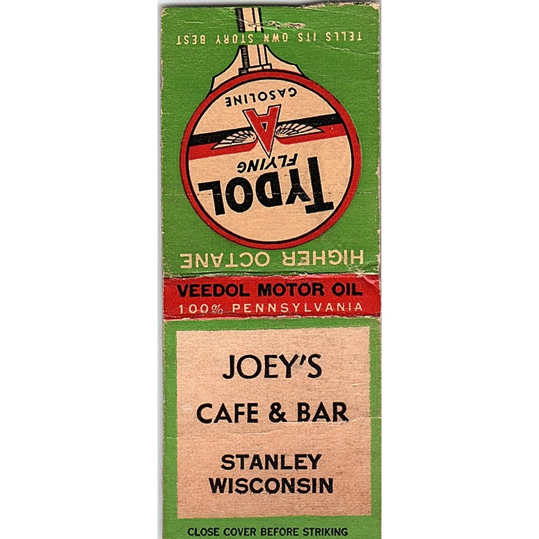 Joey's Cafe & Bar Tydol Flying A Stanley WI Vintage Matchbook Cover SC7-Y6