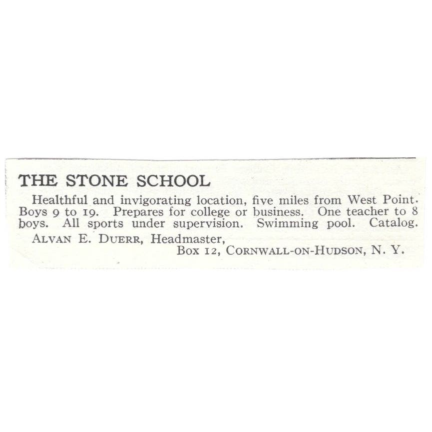The Stone School Alvan E. Duerr Cornwall on Hudson c1918 Advertisement AE5-SV1