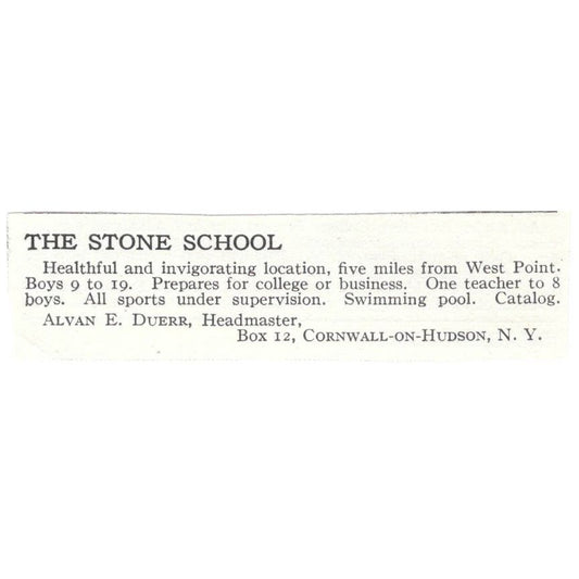 The Stone School Alvan E. Duerr Cornwall on Hudson c1918 Advertisement AE5-SV1