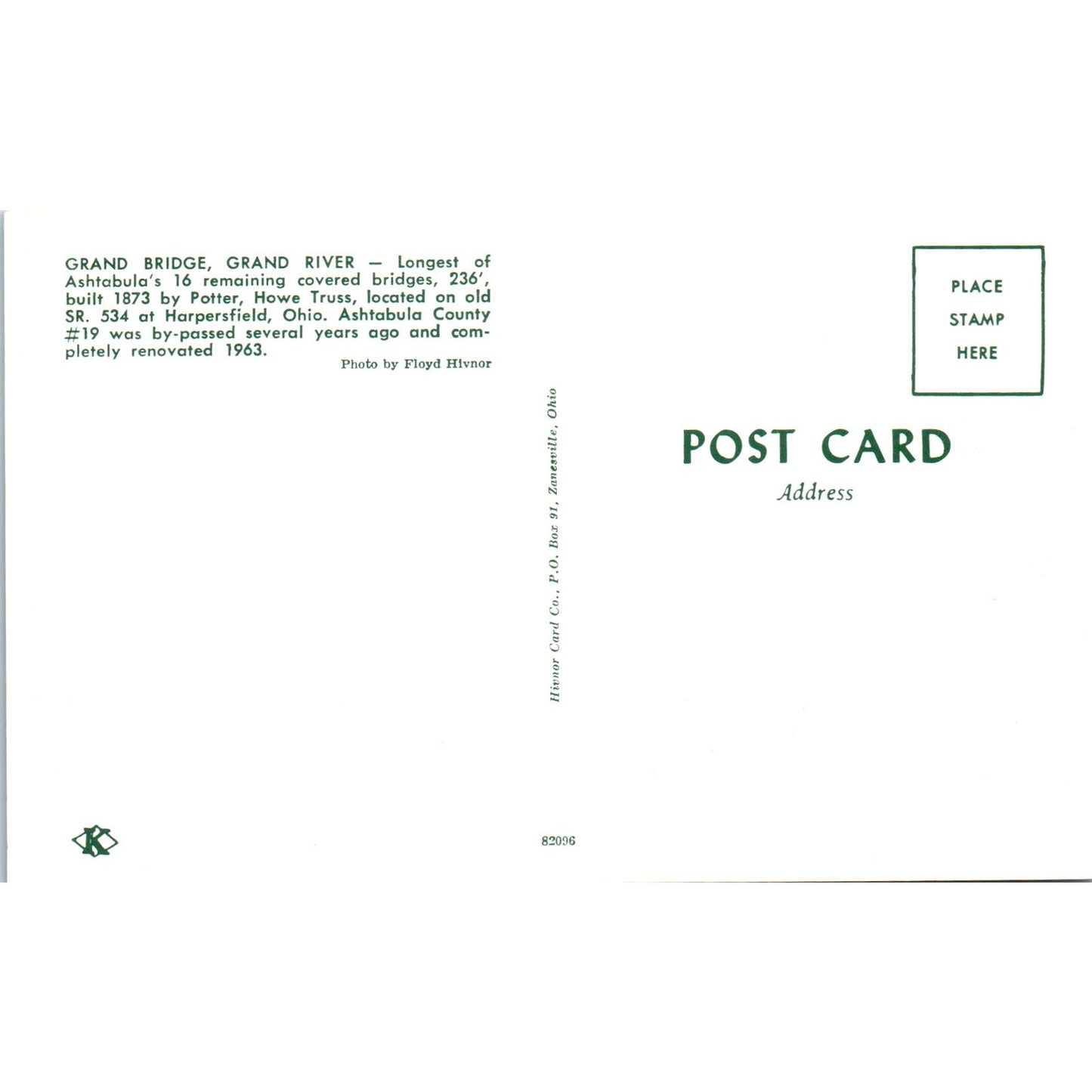 Grand Bridge Grand River Harpersfield OH Covered Bridge Postcard PB10