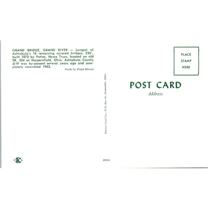 Grand Bridge Grand River Harpersfield OH Covered Bridge Postcard PB10