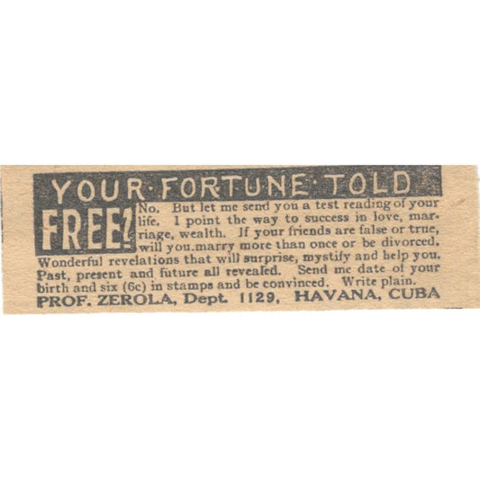 Fortune Teller Prof Zerola Havana Cuba 1910 Magazine Ad AF1-SS8