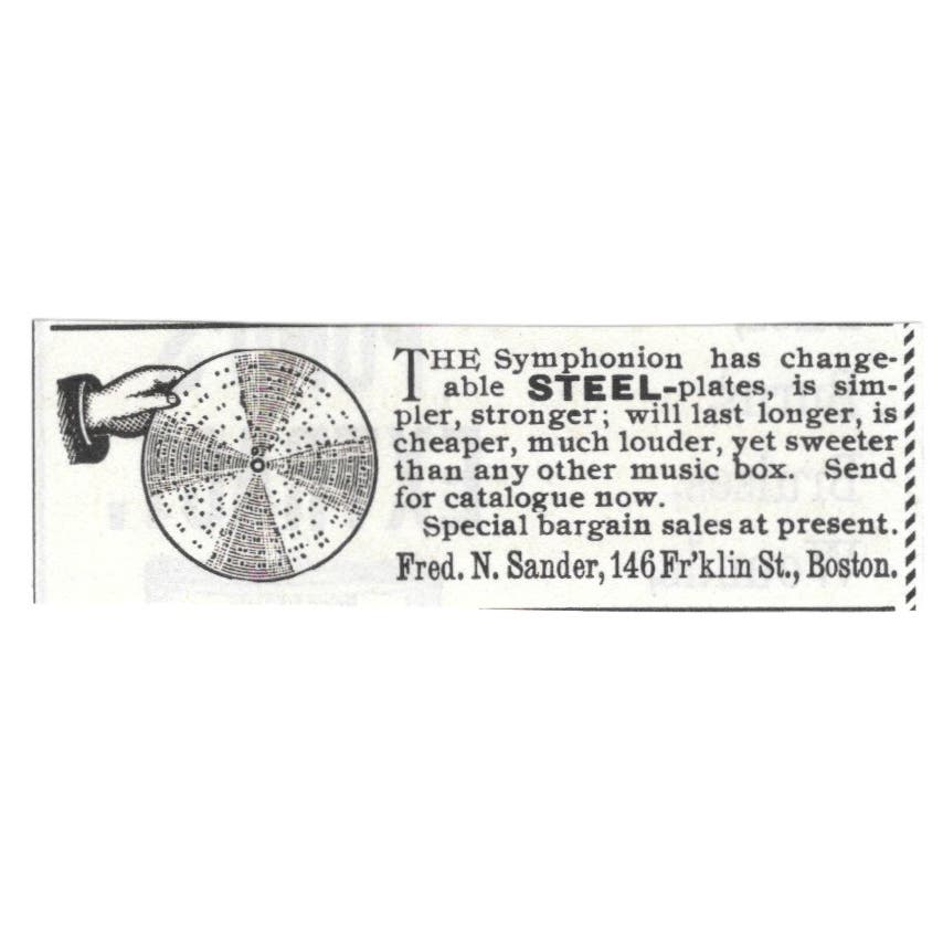 Music Box Steel Plates Fred N. Sander Boston MA c1890 Victorian Ad AE9-CH1