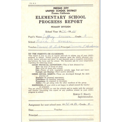 1954-55 Fresno City Schools Fresno CA Report Card Jeffrey Kormos Grade 3 AB9